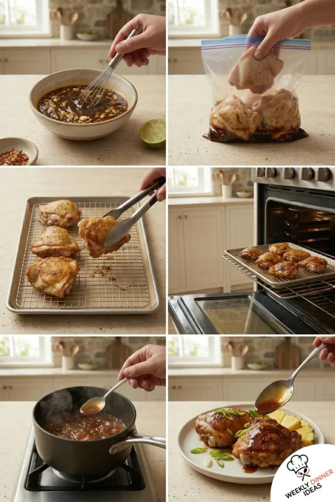 Step-by-step collage showing how to make Baked Pineapple Chicken Thigh Marinade from mixing the marinade to baking and glazing