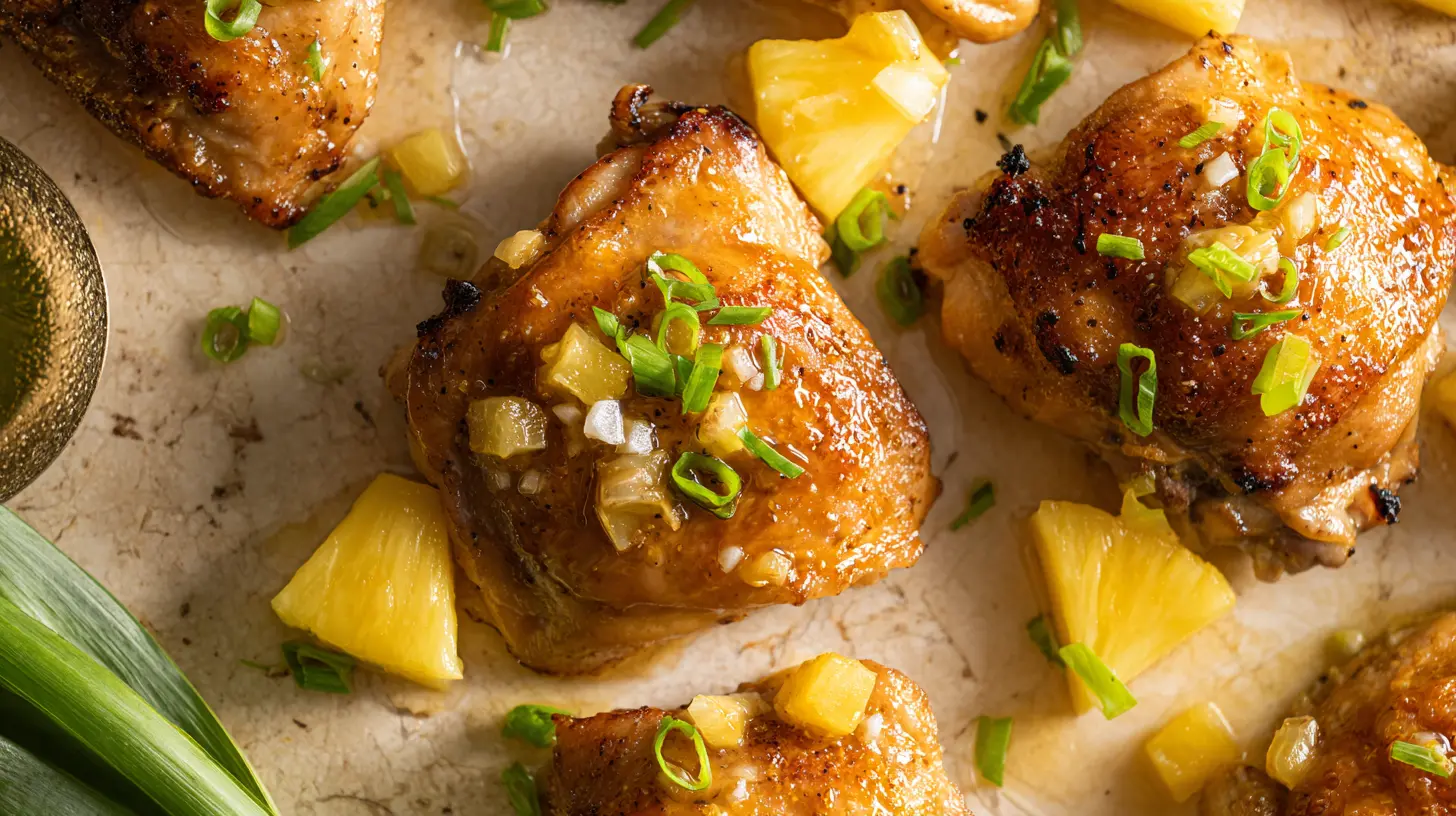 Square recipe image for Baked Pineapple Chicken Thigh Marinade with glazed baked chicken thighs