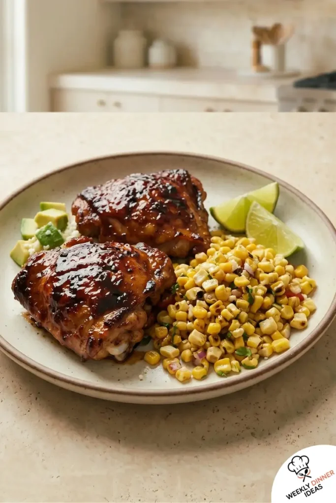 Final BBQ Chicken Thighs with Corn Salad Final plated BBQ chicken thighs with charred corn salad, tomatoes, cilantro, and lime