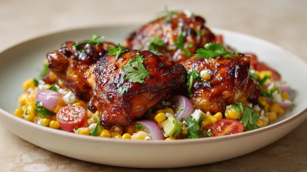 BBQ chicken thighs with grilled corn salad, cherry tomatoes, red onion, and lime