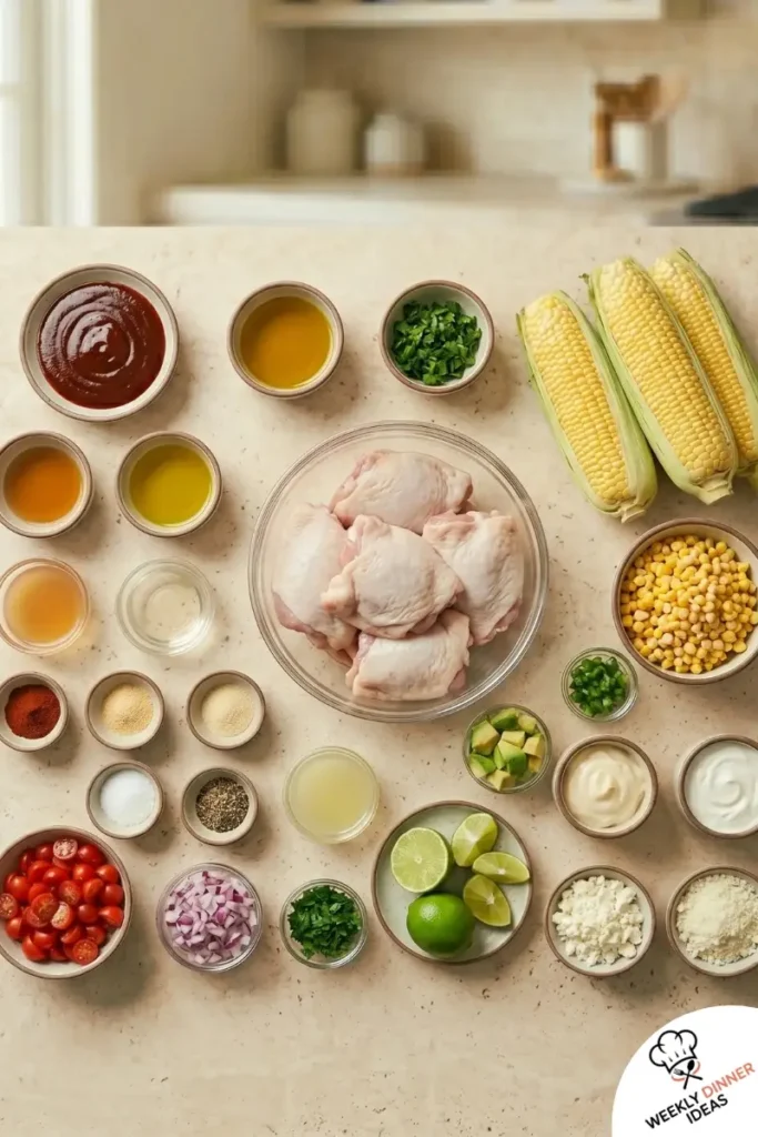 BBQ Chicken Thighs with Corn Salad Ingredients Ingredients for BBQ chicken thighs with corn salad including chicken thighs, barbecue sauce, corn, tomatoes, red onion, cilantro, lime, and avocado