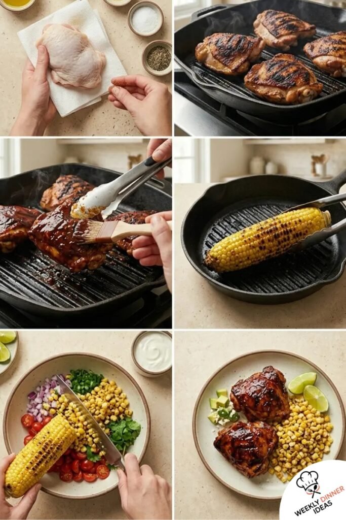 How to Make BBQ Chicken Thighs with Corn Salad Step-by-step collage showing how to make BBQ chicken thighs with corn salad from seasoning and grilling to charring corn and plating