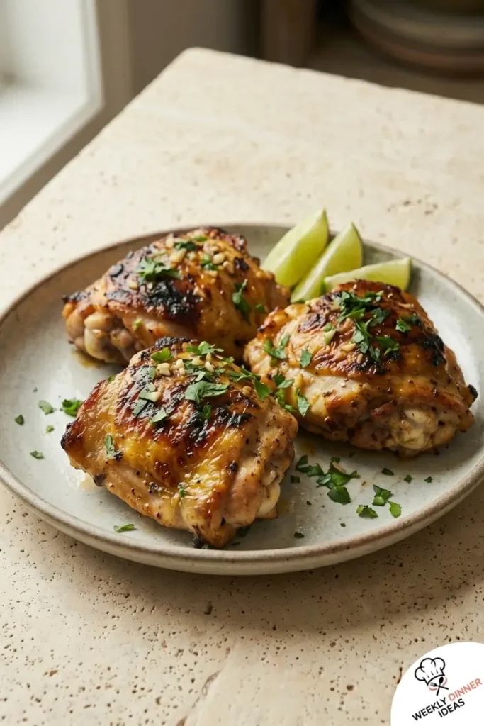 Final plated Cuban Mojo Chicken Thighs with crispy skin, garlic, cilantro, and lime wedges