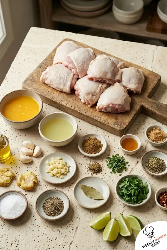 Ingredients for Cuban Mojo Chicken Thighs including chicken thighs, orange juice, lime juice, garlic, cumin, oregano, cilantro, and olive oil