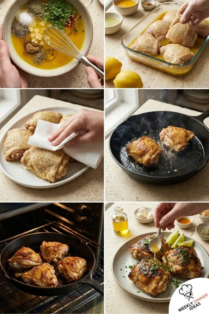 Step-by-step collage showing how to make Cuban Mojo Chicken Thighs from mixing the marinade to searing roasting and serving
