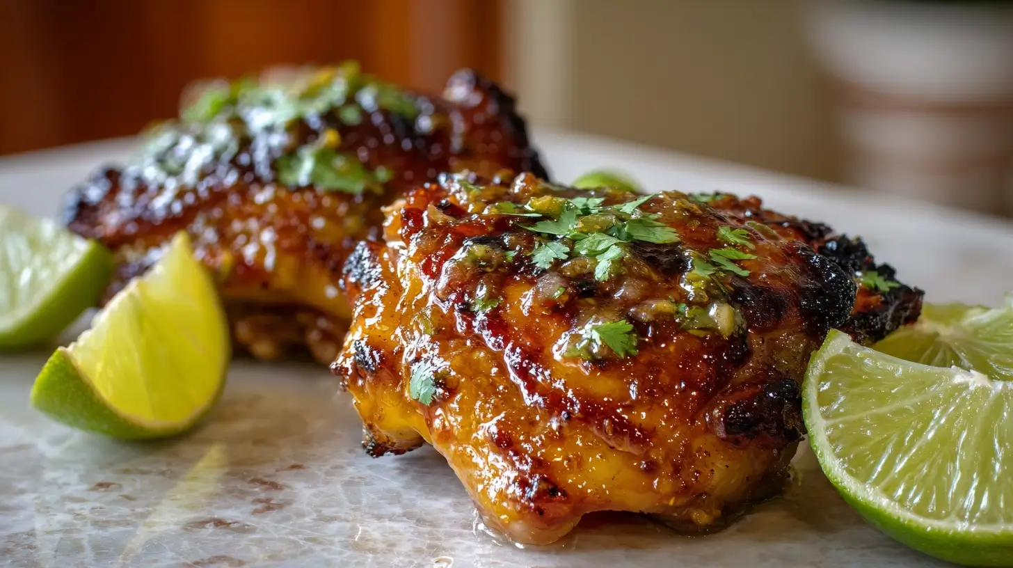 Square recipe image for Cuban Mojo Chicken Thighs with crispy skin and citrus garlic mojo