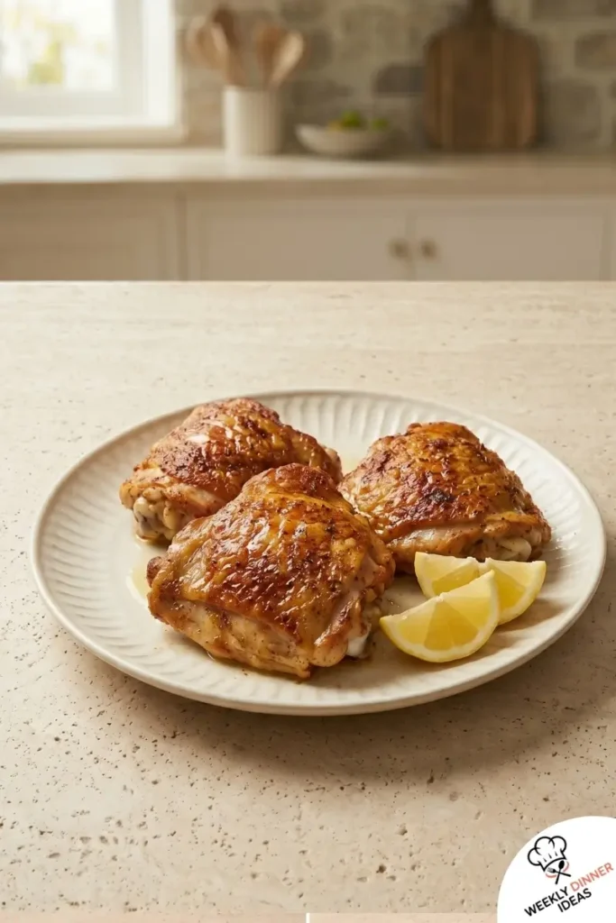 Final plated Easy Baked Chicken Thighs with crispy skin and lemon wedges