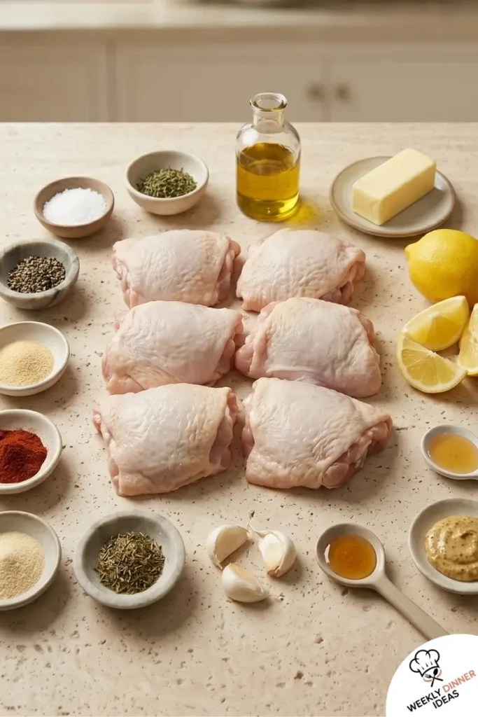 Ingredients for Easy Baked Chicken Thighs including chicken thighs, olive oil, paprika, garlic powder, onion powder, thyme, lemon, butter, garlic, honey, and Dijon