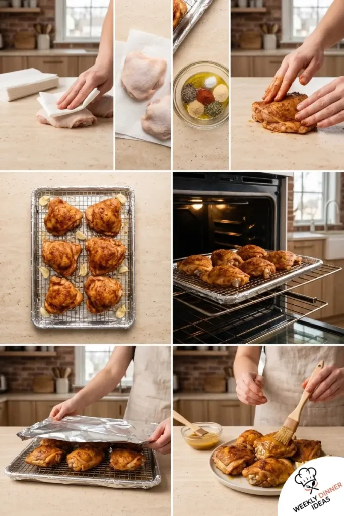 Step-by-step collage showing how to make Easy Baked Chicken Thighs from drying and seasoning to roasting and finishing