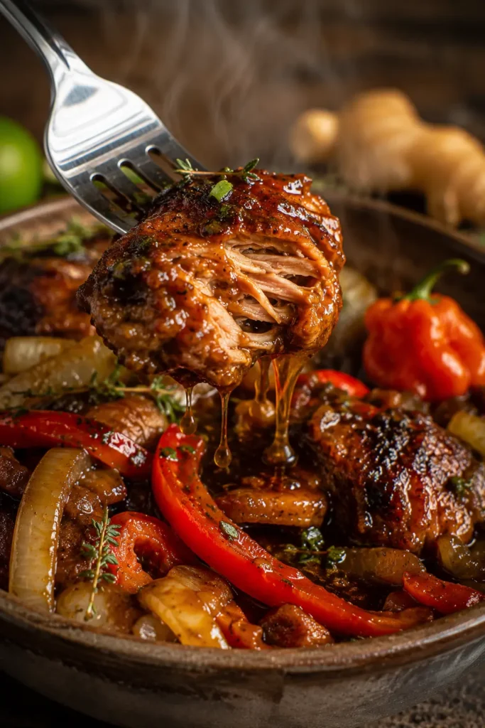 Close-up of a fork lifting chicken from Jamaican Brown Stew Chicken Thighs