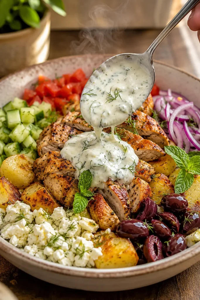 Close-up of Greek Chicken and Potato Bowl with sliced lemon oregano chicken, crispy potatoes, tzatziki, feta, olives, cucumber, tomato, and red onion.