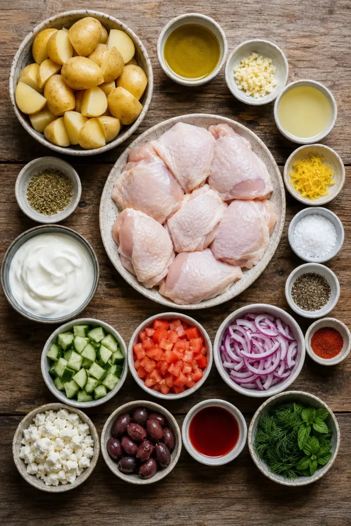 Ingredients for Greek Chicken and Potato Bowl arranged on a rustic wooden kitchen table.