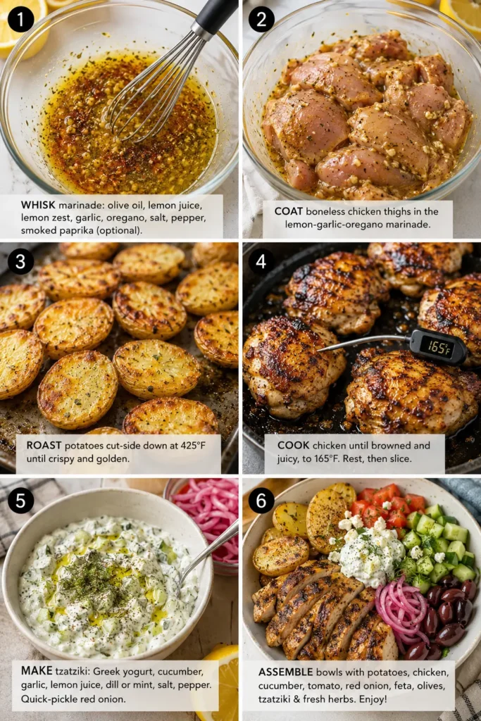 Six-step collage showing how to prepare Greek Chicken and Potato Bowl.