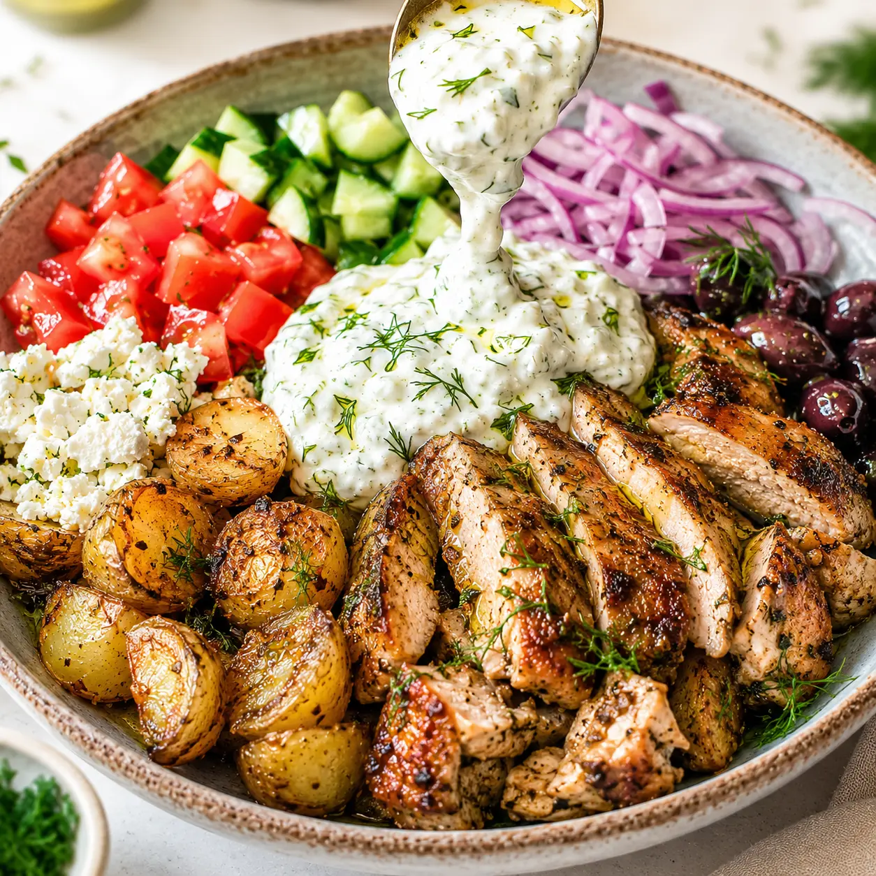 Greek Chicken and Potato Bowl arranged neatly for recipe card with chicken, roasted potatoes, tzatziki, feta, olives, cucumber, tomato, and herbs.
