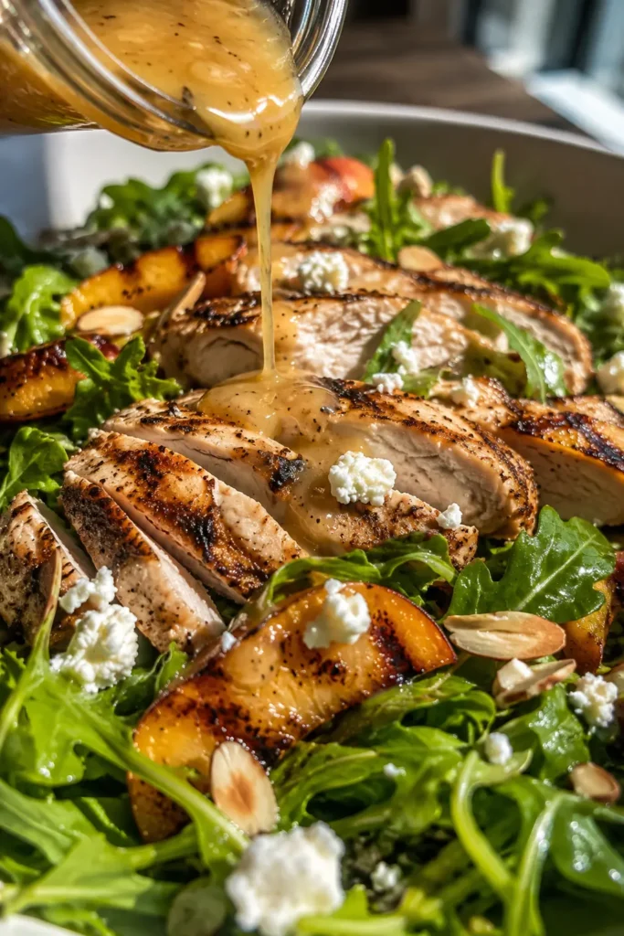 grilled-chicken-peach-arugula-salad-final Close-up of Grilled Chicken, Peach, and Arugula Salad with honey lemon vinaigrette, cheese, nuts, and caramelized peaches.
