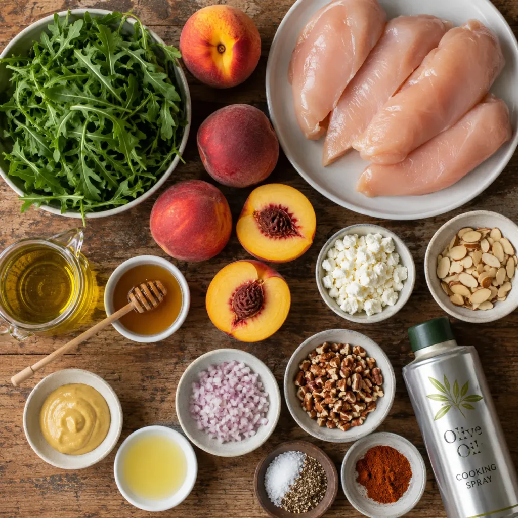 grilled-chicken-peach-arugula-salad-ingredients Ingredients for Grilled Chicken, Peach, and Arugula Salad arranged on a rustic wooden kitchen table.