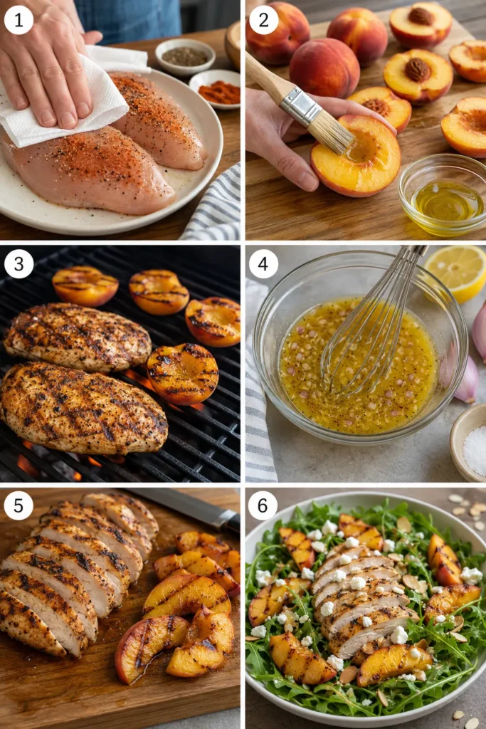 grilled-chicken-peach-arugula-salad-steps Six-step collage showing how to prepare Grilled Chicken, Peach, and Arugula Salad.