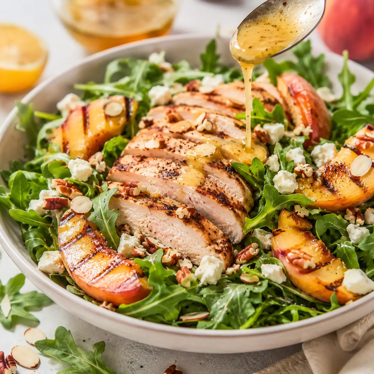 20-Minute Easy Grilled Chicken, Peach, and Arugula Salad Recipe! 1 Grilled Chicken, Peach, and Arugula Salad arranged neatly for recipe card with chicken, peaches, arugula, vinaigrette, cheese, and nuts.