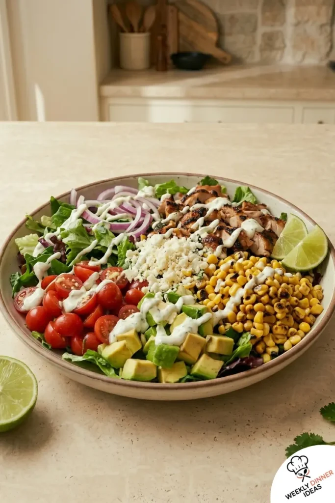 Final Grilled Mexican Corn Chicken Salad Final plated grilled Mexican corn chicken salad with charred corn, grilled chicken, avocado, cotija, and crema
