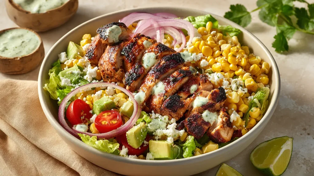 Grilled Mexican Corn Chicken Salad with grilled chicken, charred corn, avocado, cotija, and lime crema