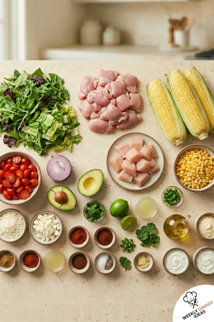 Grilled Mexican Corn Chicken Salad Ingredients Ingredients for grilled Mexican corn chicken salad including chicken, corn, greens, avocado, tomatoes, cotija, cilantro, and lime