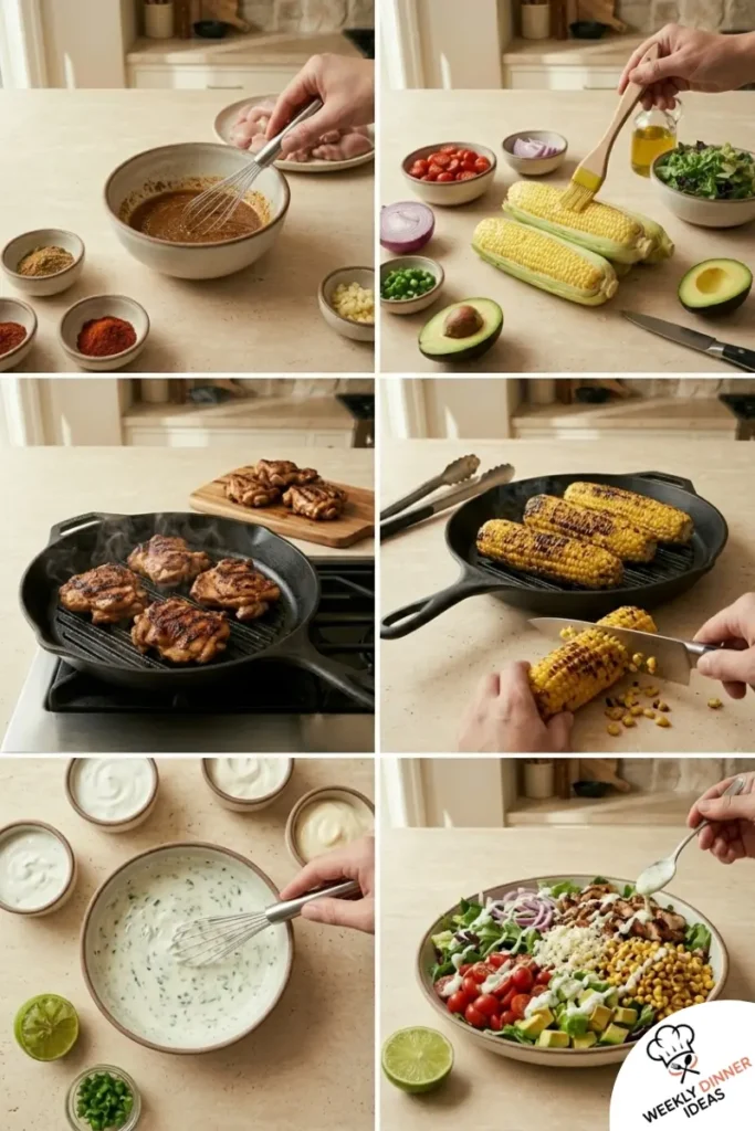 How to Make Grilled Mexican Corn Chicken Salad Step-by-step collage showing how to make grilled Mexican corn chicken salad from marinating and grilling to assembling