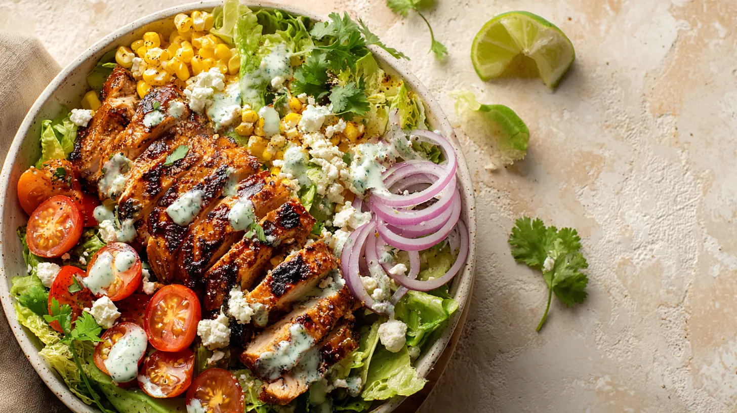 Discover the Ultimate Grilled Mexican Corn Chicken Salad Recipe! 1 Square recipe image for grilled Mexican corn chicken salad with chicken, charred corn, avocado, and cotija