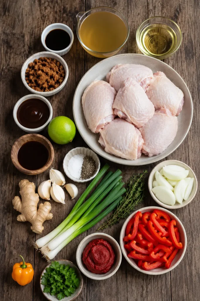 Flat lay of all ingredients for Jamaican Brown Stew Chicken Thighs