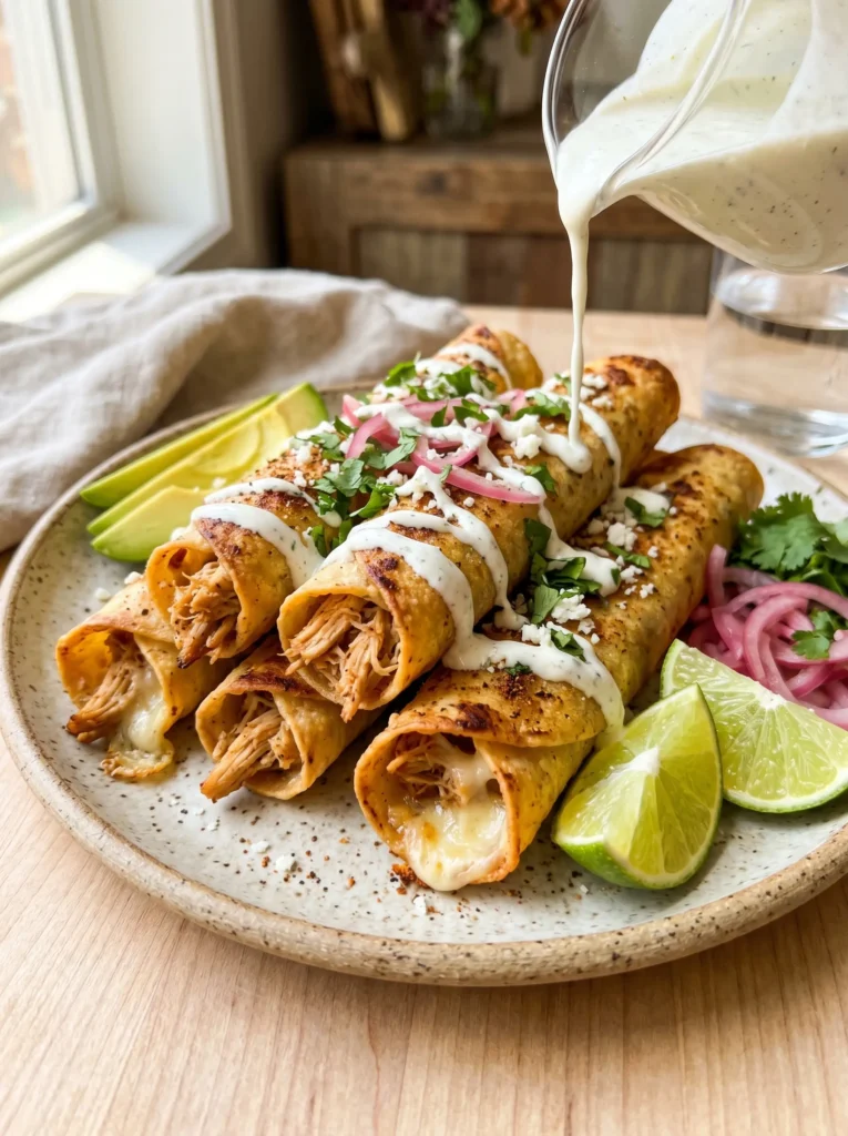 Close-up of crispy Jerk Chicken Taquitos being dipped into lime crema.