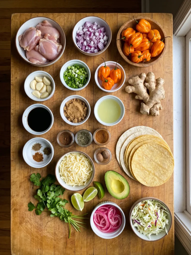 Ingredients for homemade Jerk Chicken Taquitos displayed on a rustic kitchen table.