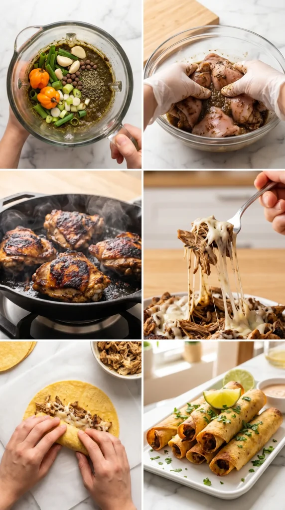 Six-step visual guide showing the preparation of Jerk Chicken Taquitos.
