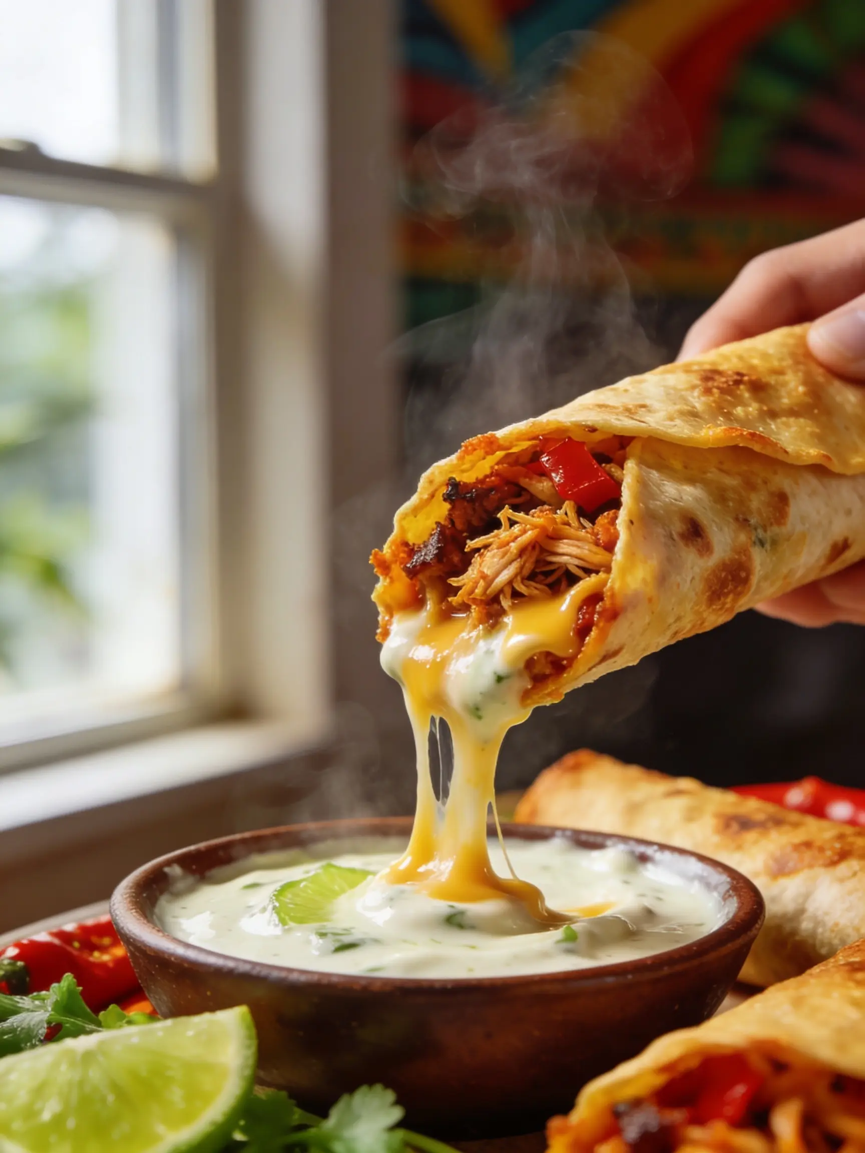 Jerk Chicken Taquitos arranged neatly for recipe card display with fresh garnishes.