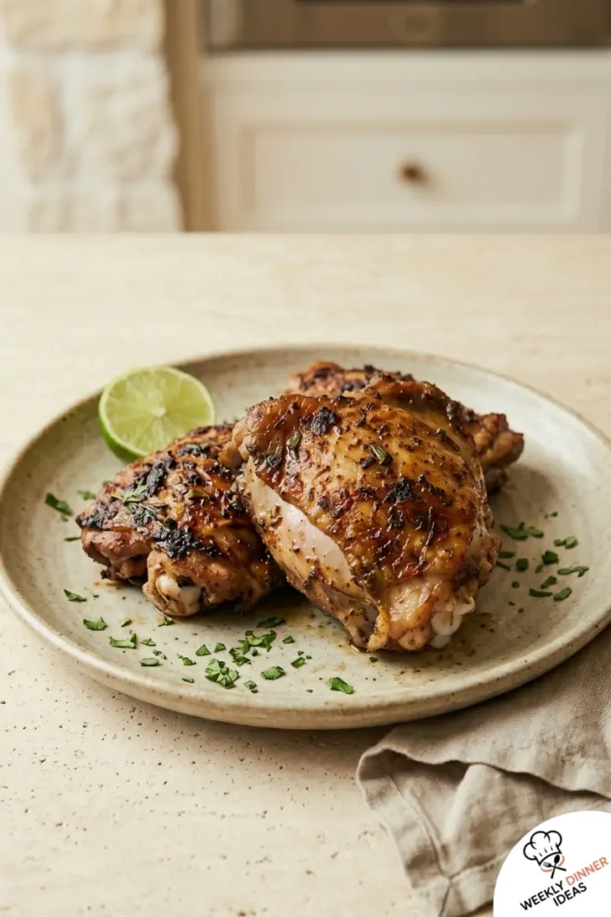 Final Jerk Chicken Thighs Final plated Jerk Chicken Thighs with smoky jerk crust and lime wedges