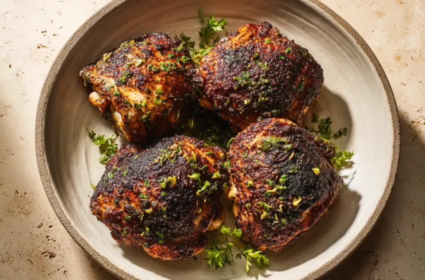 Jerk Chicken Thighs with crispy skin, dark jerk crust, and lime wedges