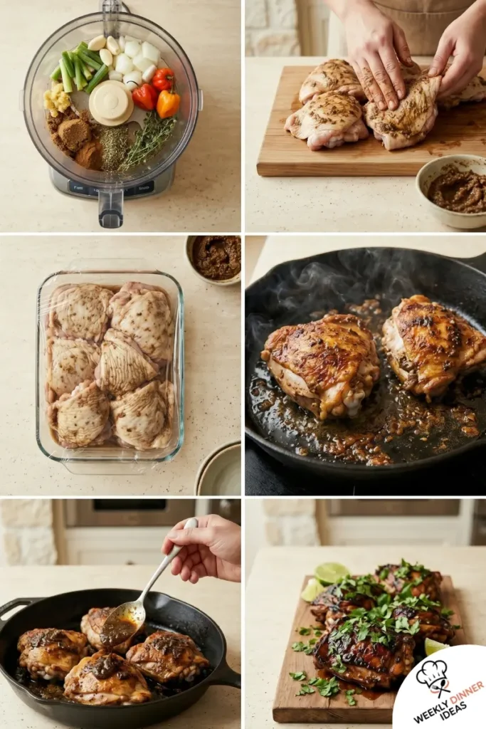 How to Make Jerk Chicken Thighs Step-by-step collage showing how to make Jerk Chicken Thighs from blending the paste to searing roasting and serving