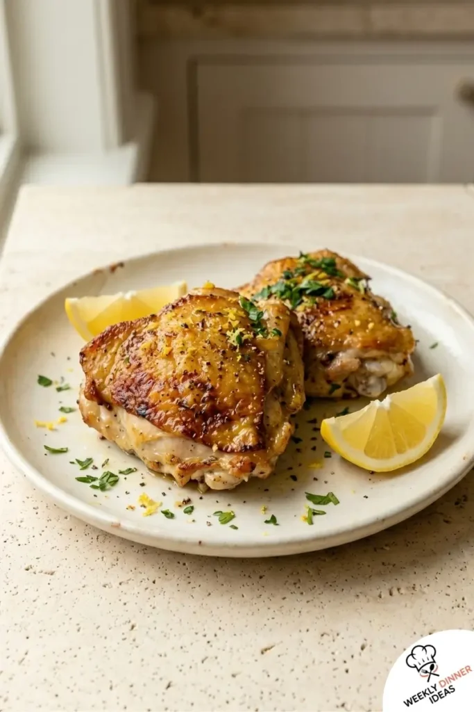 Final plated Lemon Pepper Chicken Thighs with crispy skin, lemon zest, and parsley