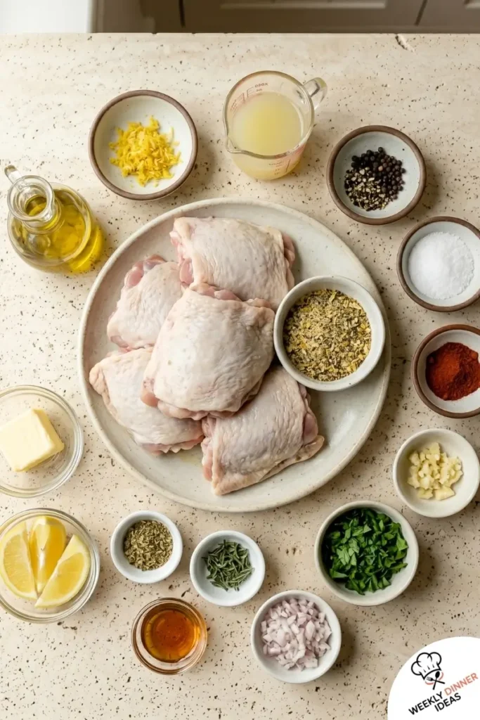 Ingredients for Lemon Pepper Chicken Thighs including chicken thighs, lemon, black pepper, garlic, parsley, butter, and olive oil