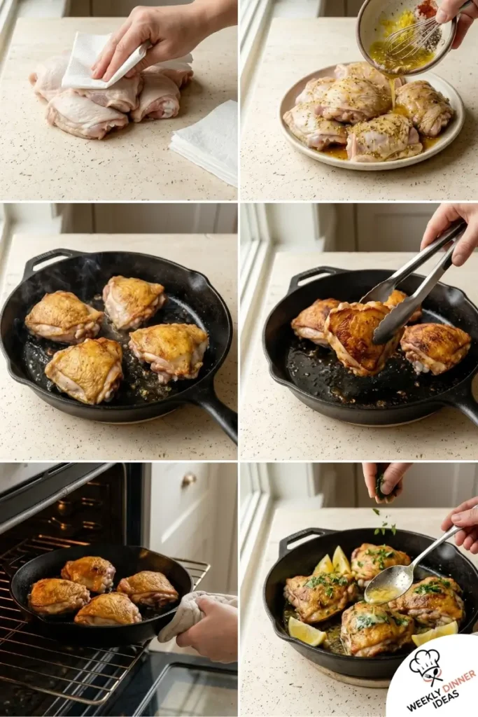 Step-by-step collage showing how to make Lemon Pepper Chicken Thighs from marinating and searing to oven finishing and basting