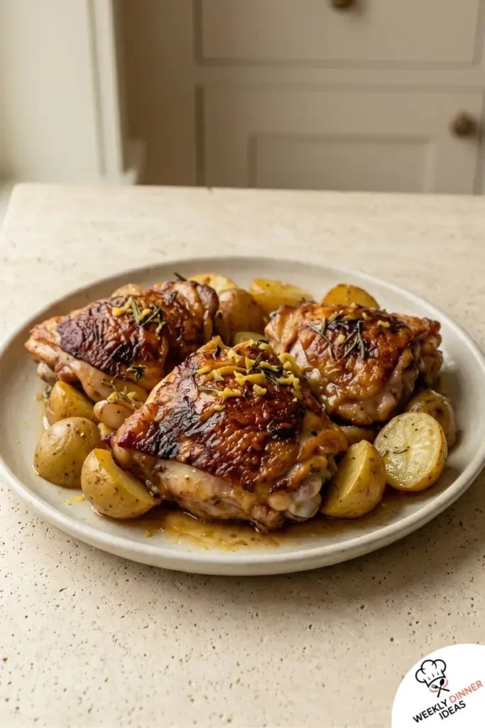 Final plated One-Pan Chicken Thighs and Potatoes with crispy skin and roasted potatoes