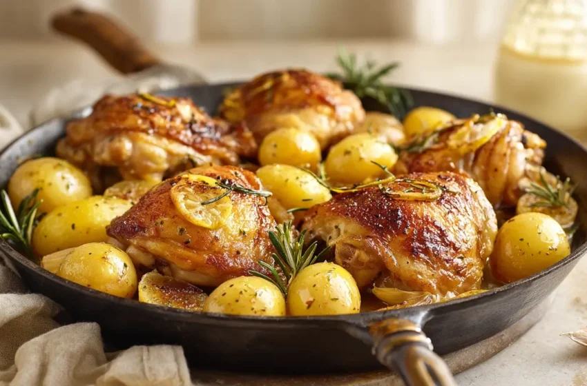 One-Pan Chicken Thighs and Potatoes with crispy golden chicken skin and roasted potatoes