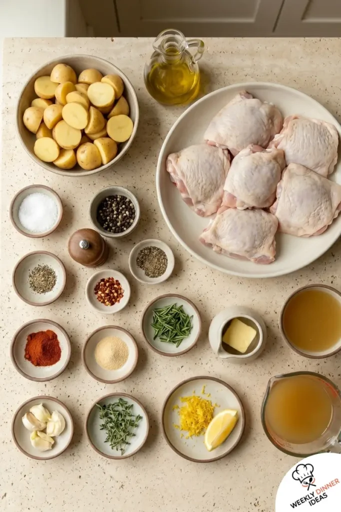 Ingredients for One-Pan Chicken Thighs and Potatoes including chicken thighs, baby potatoes, garlic, rosemary, thyme, paprika, and lemon