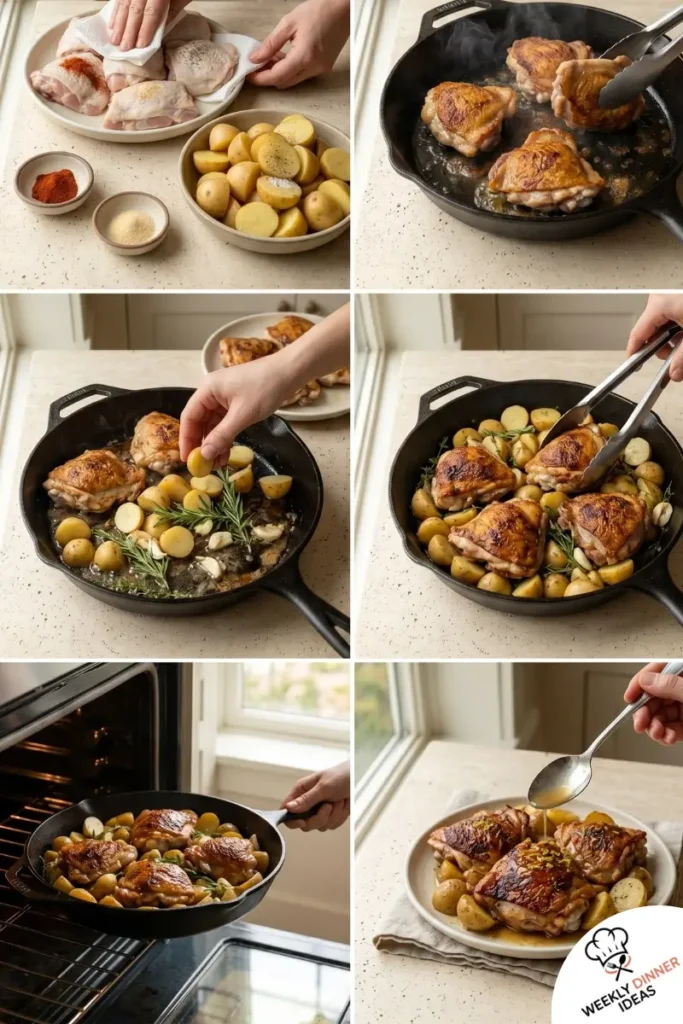 Step-by-step collage showing how to make One-Pan Chicken Thighs and Potatoes from seasoning and searing to roasting and serving