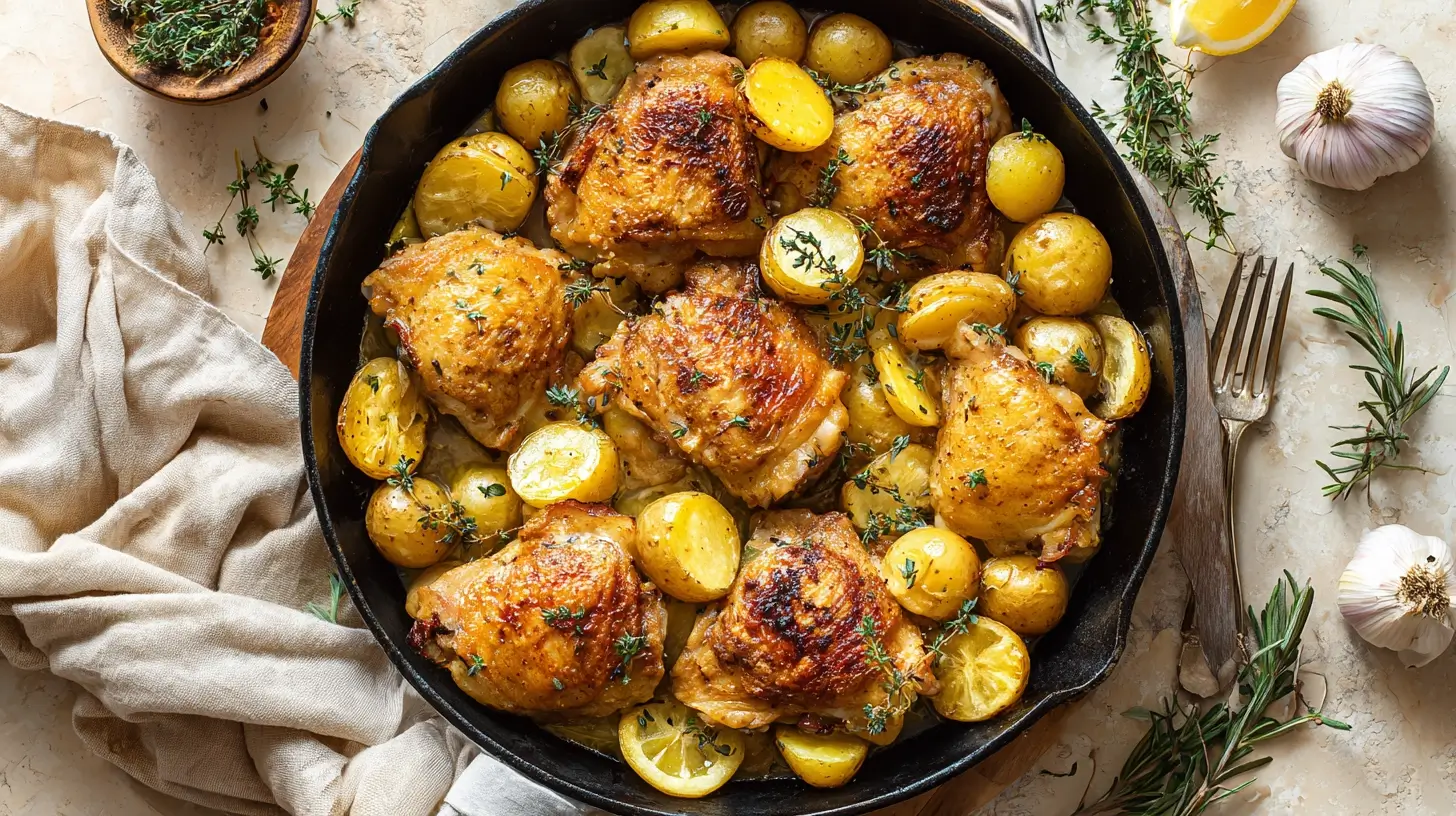 Square recipe image for One-Pan Chicken Thighs and Potatoes with crispy chicken and roasted potatoes