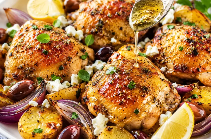 Easy Sheet Pan Greek Chicken with golden crispy chicken thighs, roasted potatoes, Kalamata olives, feta, lemon, and fresh herbs