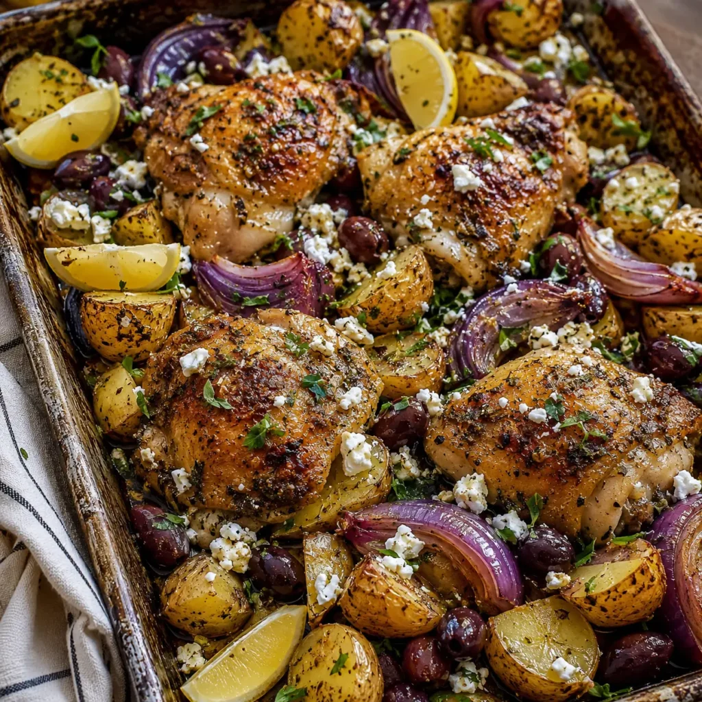 sheet-pan-greek-chicken-hero Close-up of Easy Sheet Pan Greek Chicken with crispy skin, roasted potatoes, olives, feta, and lemon