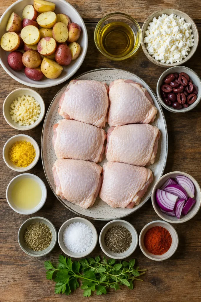 sheet-pan-greek-chicken-ingredients Ingredients for Easy Sheet Pan Greek Chicken arranged neatly on a rustic wooden kitchen table
