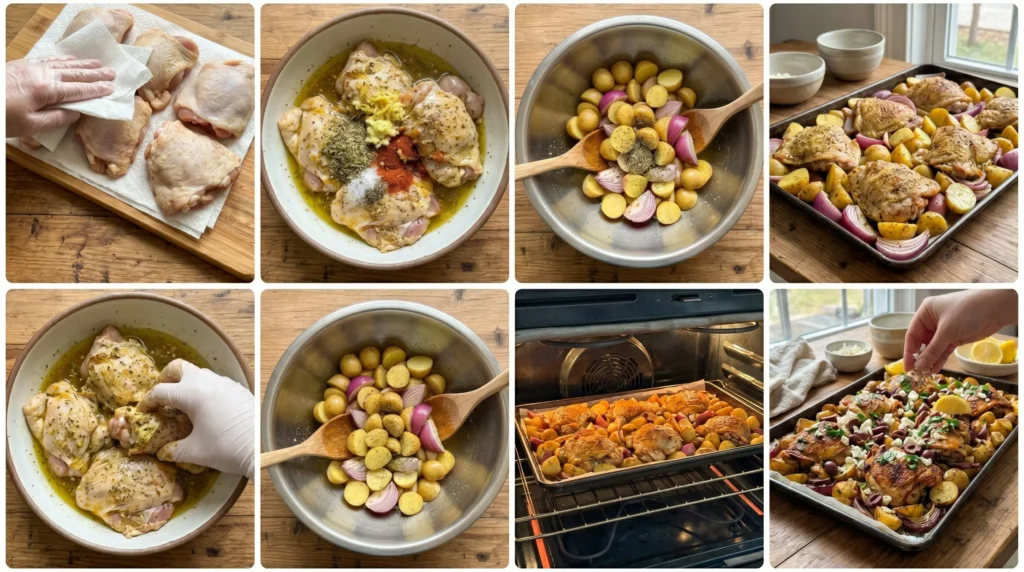 sheet-pan-greek-chicken-steps Six-step collage showing preparation of Easy Sheet Pan Greek Chicken