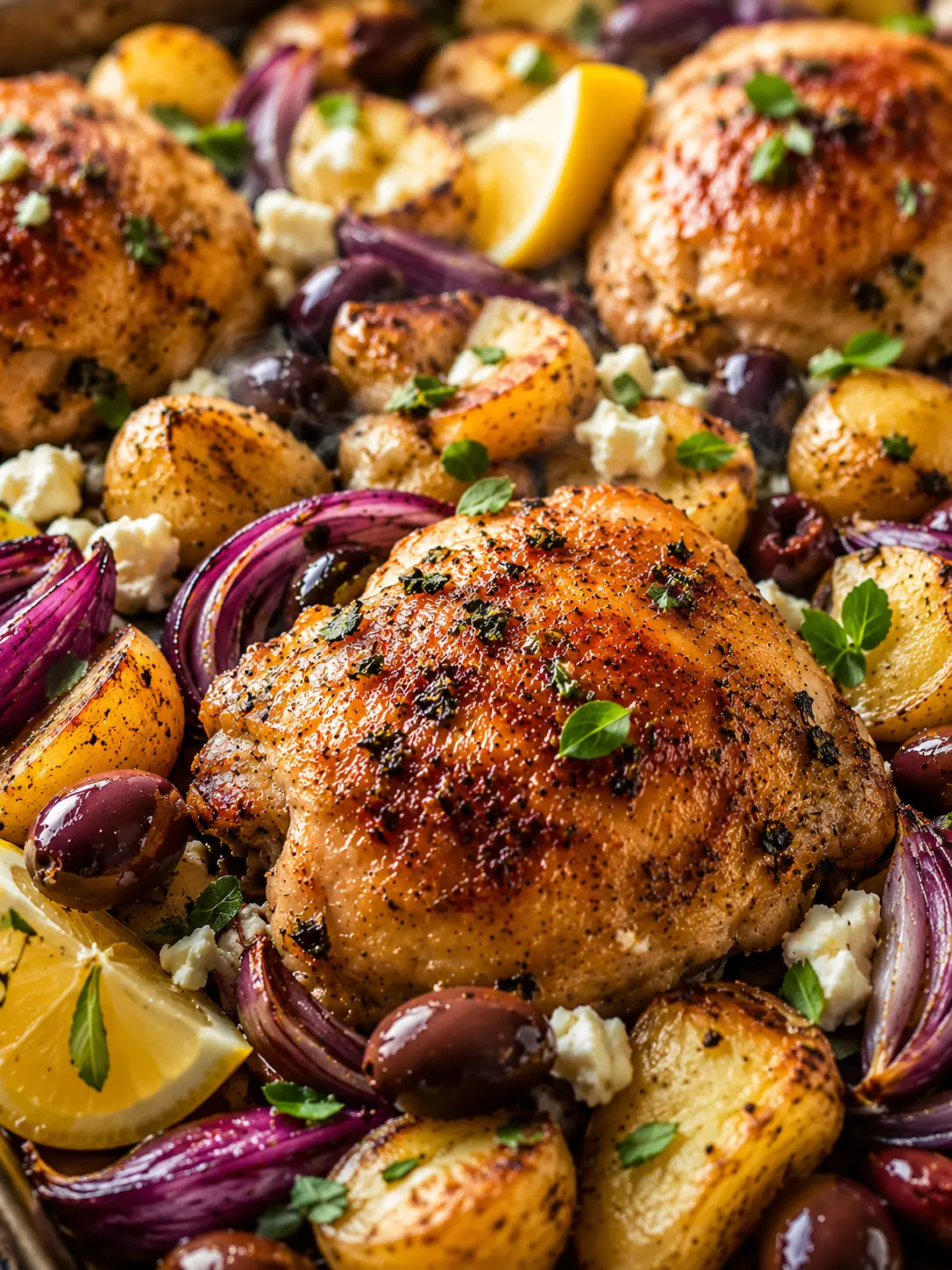 Discover the Ultimate Easy Sheet Pan Greek Chicken Recipe! 1 Easy Sheet Pan Greek Chicken plated neatly for recipe card with chicken, roasted potatoes, feta, olives, lemon, and herbs