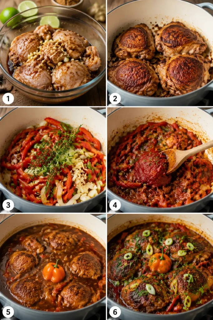 Six-step collage showing the cooking process for Jamaican Brown Stew Chicken Thighs