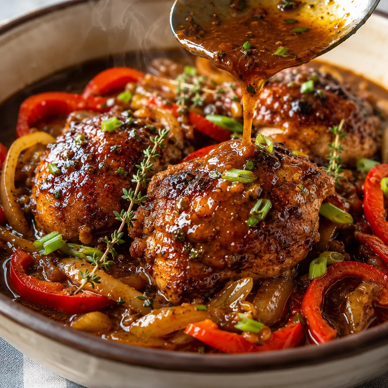 Slight zoom on Jamaican Brown Stew Chicken Thighs during plating with sauce movement.